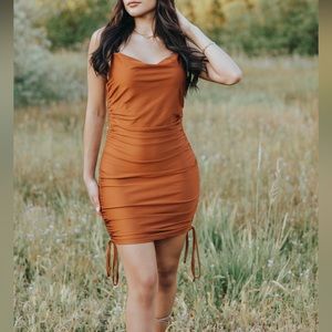 Rust cowl neck ruched sides with ties dress AVAILABLE IN SMALL MEDIUM & LARGE